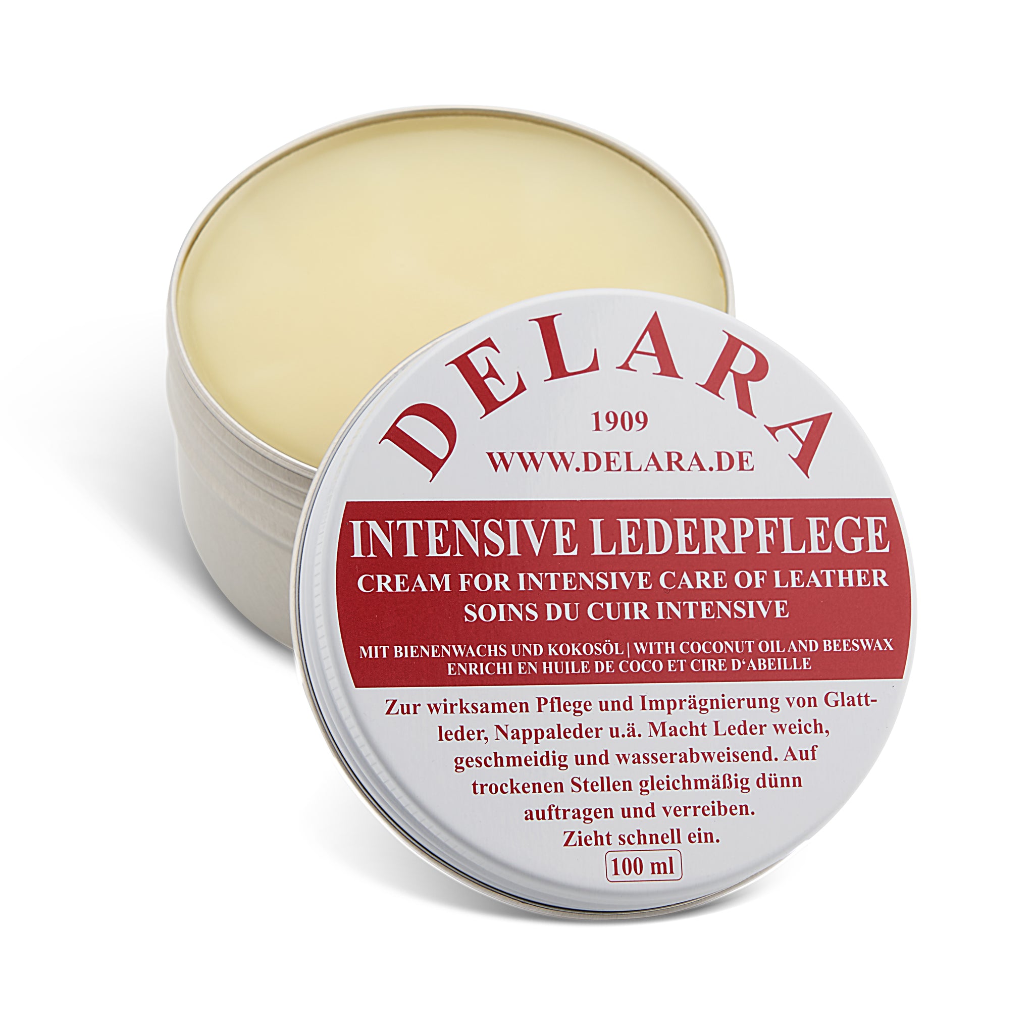 DELARA Intensive Lederpflege, 100 ml - Imprägniert und schützt Leder sehr wirksam. Neue Rezeptur mit hochwertigem Kokosöl und Bienenwachs - Made in Germany