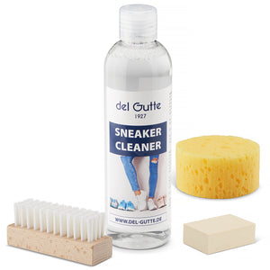 del Gutte® 4-teiliges Sneaker Cleaner Set mit Sneaker Cleaner, einer Bürste, einem Reinigungsgummi und einem Schwamm – Made in Germany