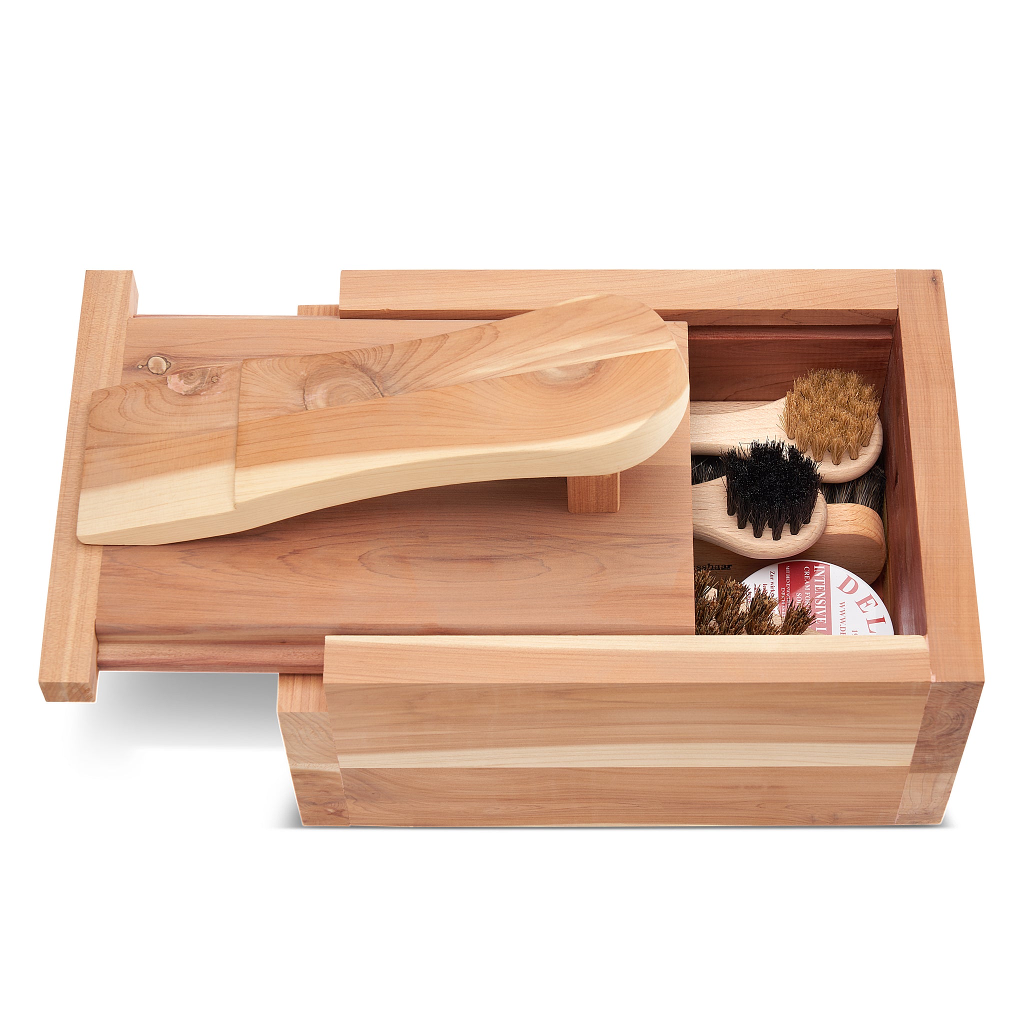 DELARA 11-teiliges Schuhputzset in einer robusten Kiste aus Zedernholz