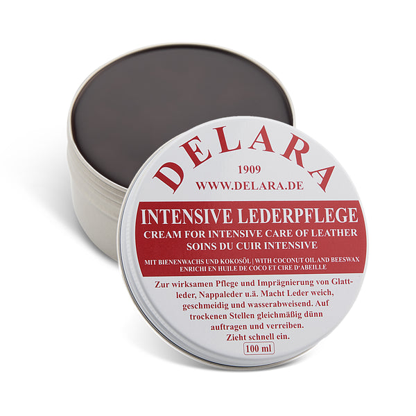 DELARA Intensive Lederpflege, 100 ml - Imprägniert und schützt Leder sehr wirksam. Neue Rezeptur mit hochwertigem Kokosöl und Bienenwachs - Made in Germany