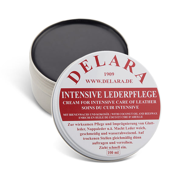 DELARA Intensive Lederpflege, 100 ml - Imprägniert und schützt Leder sehr wirksam. Neue Rezeptur mit hochwertigem Kokosöl und Bienenwachs - Made in Germany