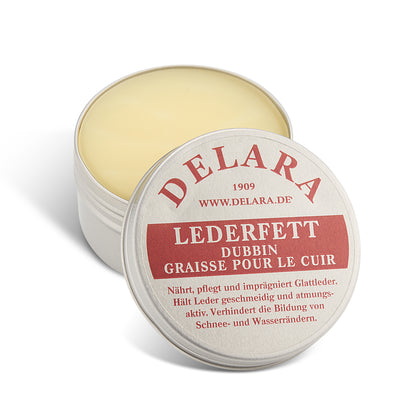 DELARA Grasso per pelle di alta qualità, nutre, impermeabilizza e cura scarpe, borse, selle e mobili in pelle, 100 ml - Made in Germany