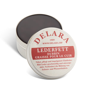 DELARA Hochwertiges Lederfett, nährt, imprägniert und pflegt Schuhe, Taschen, Reitsättel und Möbel aus Leder, 100 ml - Made in Germany