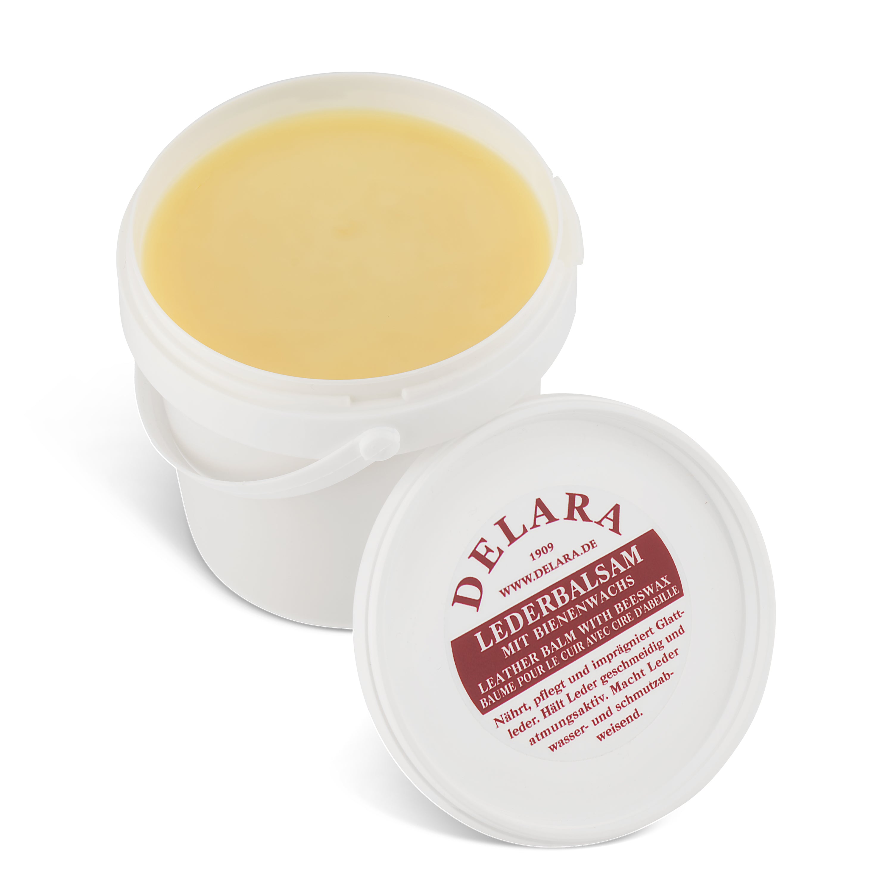 DELARA Balsamo per pelle con cera d'api di alta qualità, cura che rende la pelle morbida, flessibile e traspirante, secchio da 500 ml, Made in Germany
