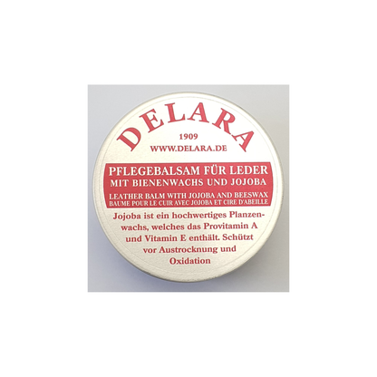 DELARA Bálsamo de cuidado de alta calidad para cuero con jojoba y cera de abejas - protege eficazmente el cuero liso de la desecación y oxidación, lata de 100 ml - Hecho en Alemania