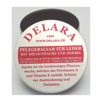 DELARA Bálsamo de cuidado de alta calidad para cuero con jojoba y cera de abejas - protege eficazmente el cuero liso de la desecación y oxidación, lata de 100 ml - Hecho en Alemania