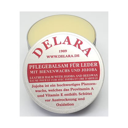 DELARA Bálsamo de cuidado de alta calidad para cuero con jojoba y cera de abejas - protege eficazmente el cuero liso de la desecación y oxidación, lata de 100 ml - Hecho en Alemania