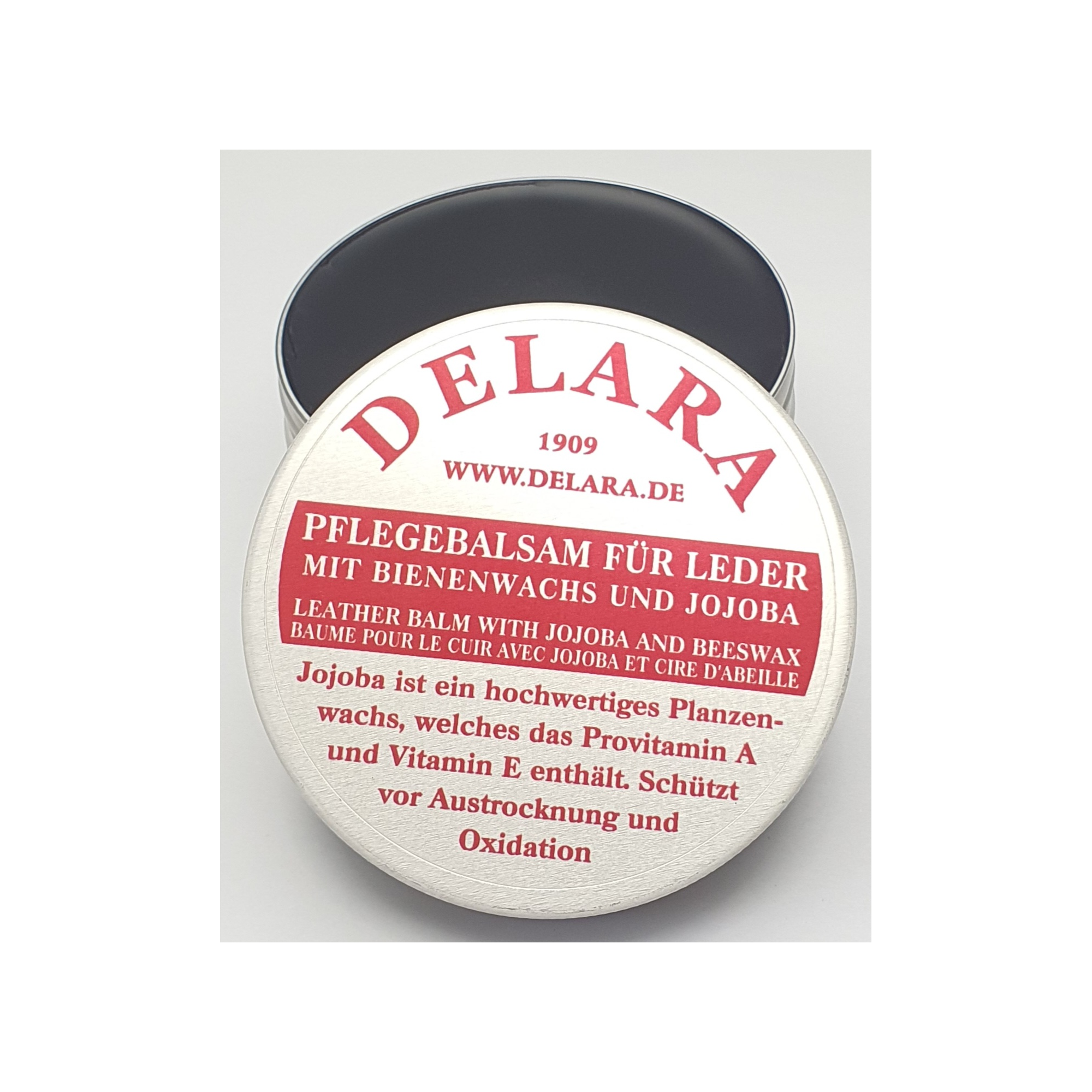 DELARA High-quality leather care balm with jojoba and beeswax - effectively protects smooth leather from drying out and oxidation, 100 ml can - Made in Germany