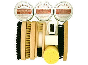 DELARA 12-teiliges Schuhputz-Set mit drei Dosen Intensiver Lederpflege, Holzbürsten mit Naturborsten, Poliertuch und Schwamm