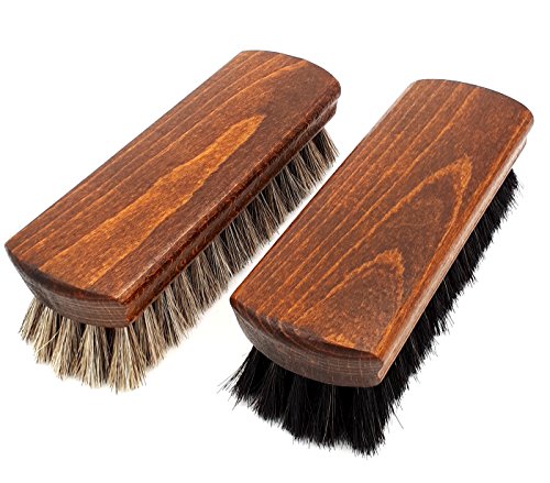 DELARA Zwei große, hochwertige Polierbürsten mit 100% Rosshaar, Farben Silbergrau und schwarz, gewölbter Griff aus lackiertem Holz - Made in Germany