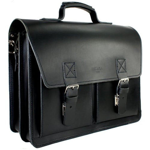 DELARA Aktentasche aus Leder im Bauhaus-Stil mit Schulterriemen und Schulterpolster, Farbe: schwarz - Made in Germany