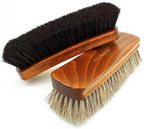DELARA Zwei sehr große, hochwertige Polierbürsten mit 100% Rosshaar, Silbergrau und schwarz, geschweifter Griff aus lackiertem Holz - Made in Germany