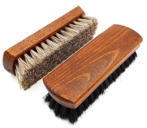 DELARA Zwei große, hochwertige Polierbürsten mit 100% Rosshaar, Farben Silbergrau und schwarz, gewölbter Griff aus lackiertem Holz - Made in Germany