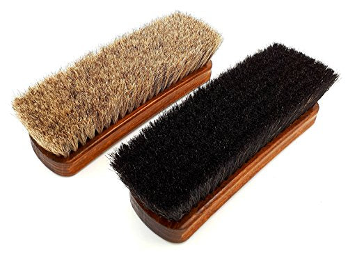 DELARA Zwei sehr große, hochwertige Polierbürsten mit 100% Rosshaar, Silbergrau und schwarz, geschweifter Griff aus lackiertem Holz - Made in Germany