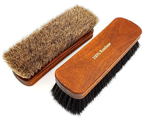 DELARA Zwei sehr große, hochwertige Polierbürsten mit 100% Rosshaar, Silbergrau und schwarz, geschweifter Griff aus lackiertem Holz - Made in Germany